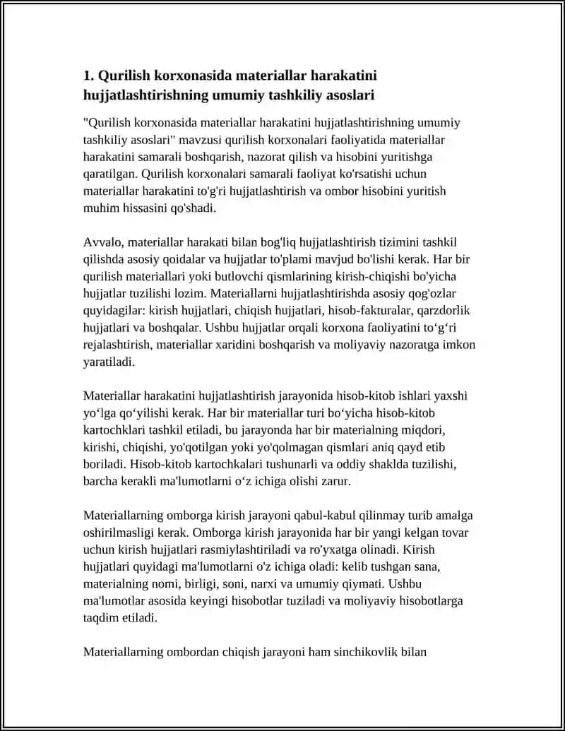QURILISH KORXONALARIDA MATERIALLAR HARAKATINI HUJJATLASHTIRISH VA ULARNING OMBOR HISOBINI YURITISH 3