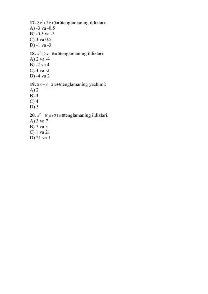 Matematika fan 10 sinflar uchun 100 talik test 3