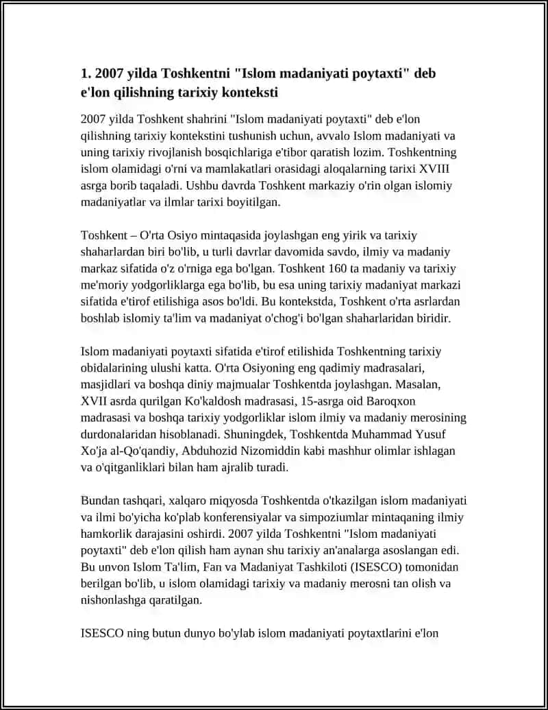 2007 YIL TOSHKENT ISLOM MADANIYATI POYTAXTI DEB E'LON QILINISHINING MAZMUNI VA MOHIYATI 3