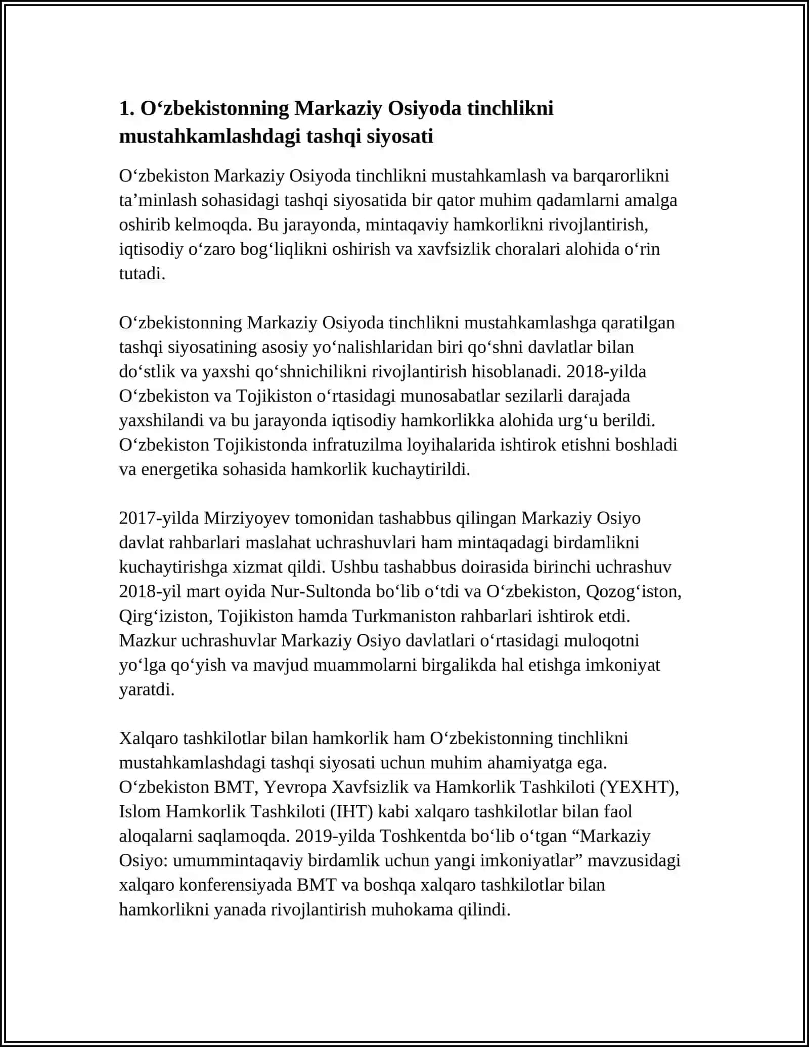 OʻZBEKISTONNING MARKAZIY OSIYODA TINCHLIK VA BARQARORLIKNI TAʼMINLASHDAGI OʻRNI 3