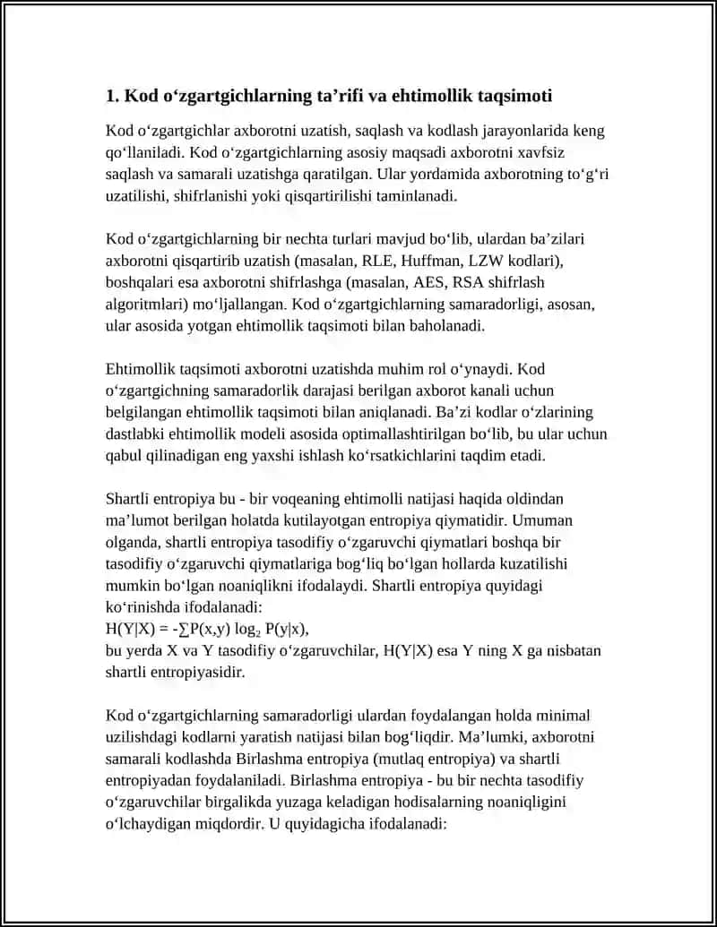KOD O‘ZGARTGICHLAR. SHARTLI ENTROPIYAVA BIRLASHMA ENTROPIYA. 3
