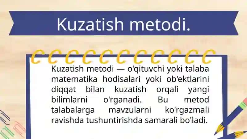 9-11 sinf algebra yoki geometriya maktab darsliklaridan foydalanib, Matematika oqitishda  kuzatish,  tajriba , taqqoslash , analogiya, analiz va sintez  metodlaridan foydalanib mavzularni yoritib berish. 3