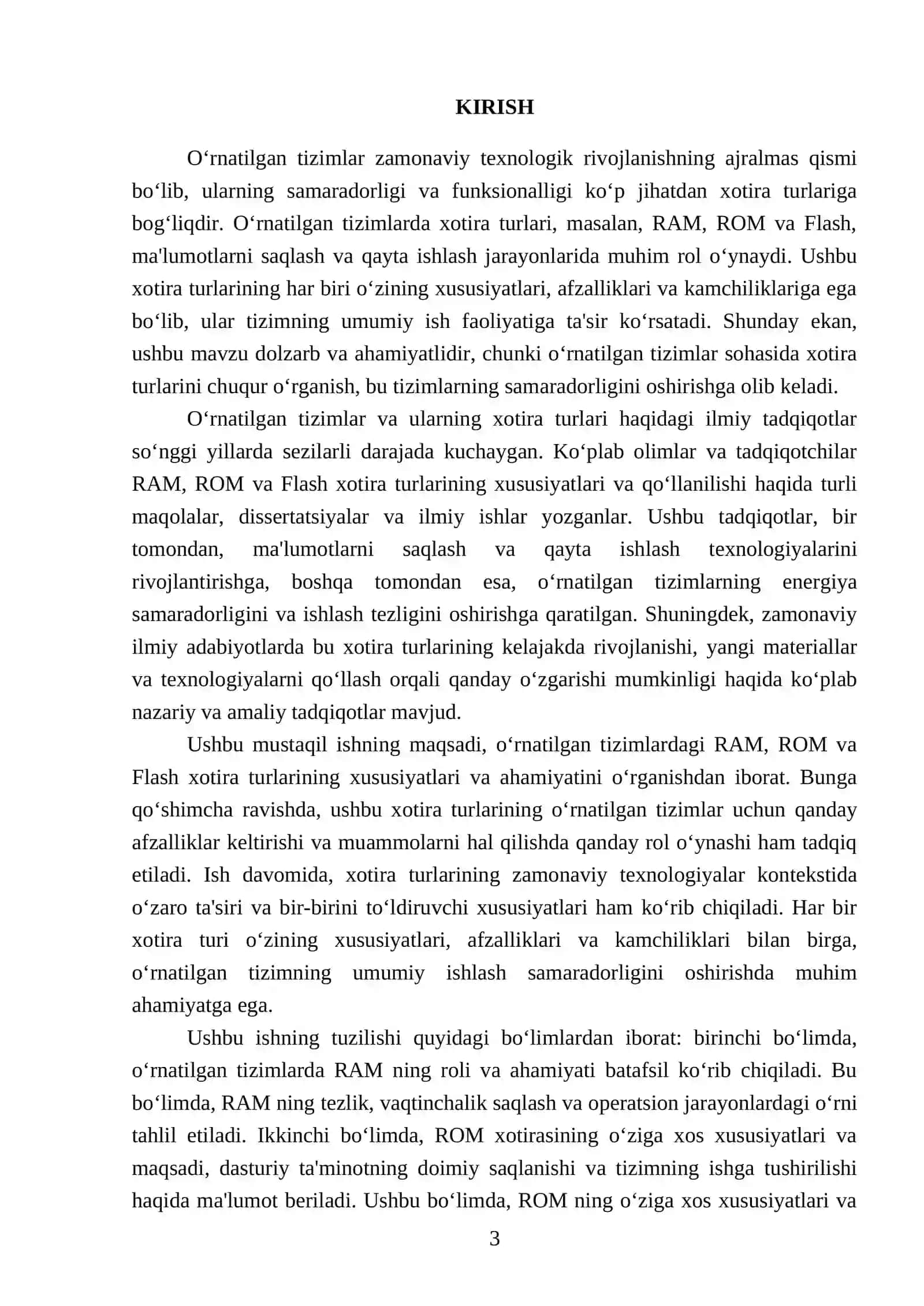 O‘rnatilgan tizimlarda xotira turlari (RAM, ROM, Flash) 3