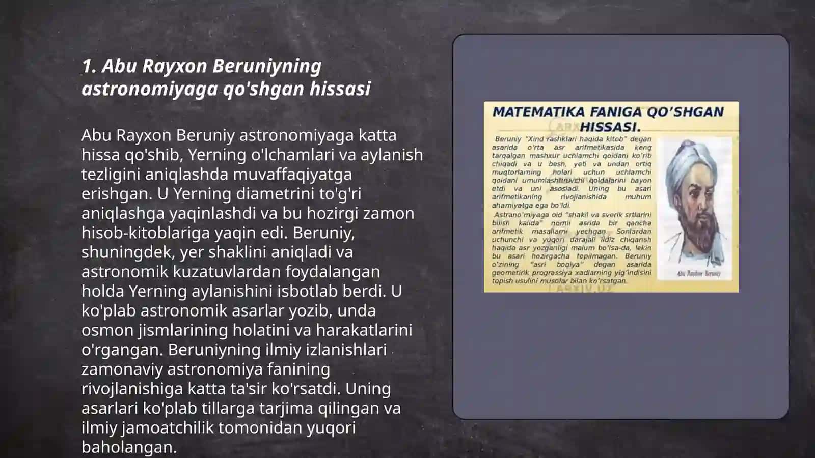 Abu Rayxon Beruniyning jahon ilm-faniga qo'shgan hissasi 3
