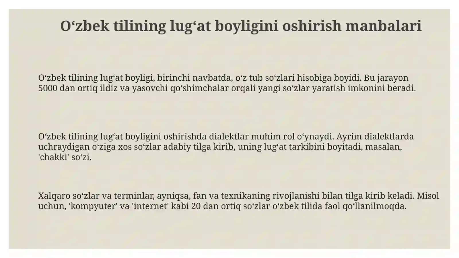 Oʻzbek tilining lugʻat boyligini oshirish manbalari 3