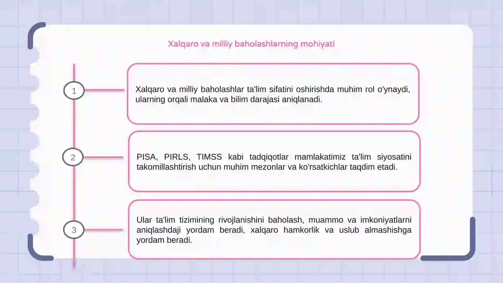 Xalqaro va milliy baholash mohiyati va mezonlari PISA, PIRLS,TIMSS xalqaro tadqiqotlarining mamlakatimiz ta'lim tizimidagi ahamiyati 3