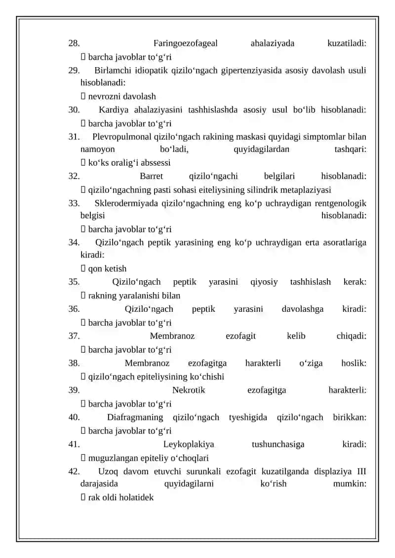Gastroenterologiya mutaxassisligi boʻyicha shakllantirilgan test savollari roʻyxati 3