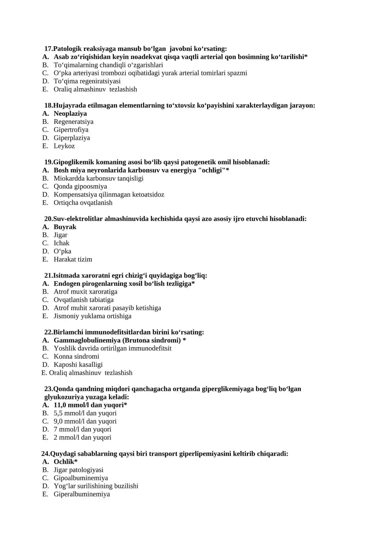 Patologik fiziologiya fanidan test savollari javobi 3