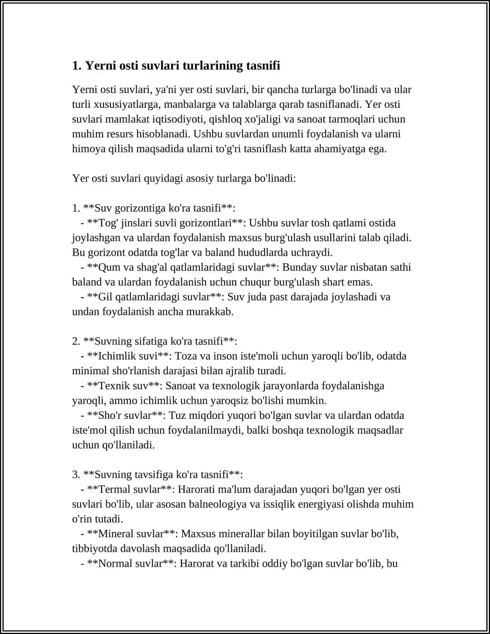 YER OSTI SUVLARINING TARTIBINI BASHORATLASHNI TASNIFINI SISTEMALASH 3