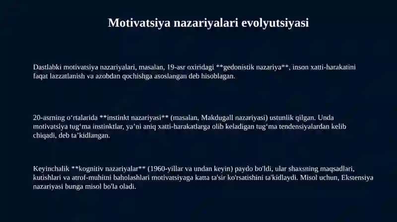 Motivatsiya nazariyalarining evolyutsiyasi va asosiy yo'nalishlari 3