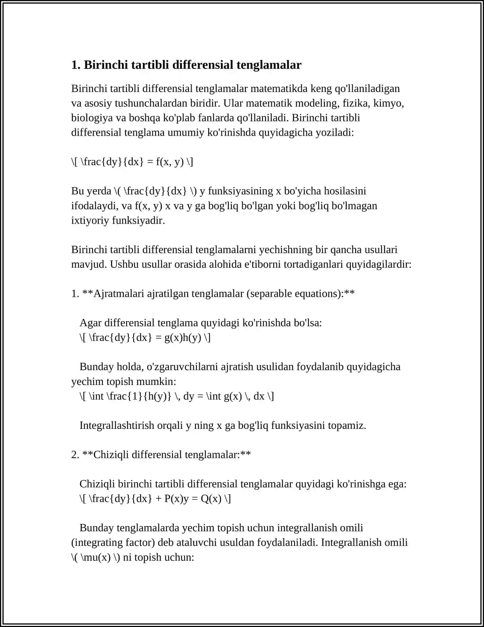 Birinchi Tartibli Differensial Tenglamalar 3