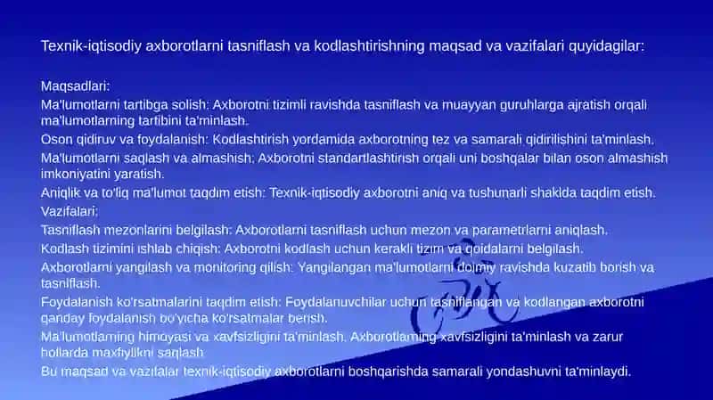 TЕXNIK-IQTISODIYAXBOROTLARKLASSIFIKATORLARIVA IQTISODIY HUJJATLAR TIZIMINI LOYIHALASHTIRISH 3