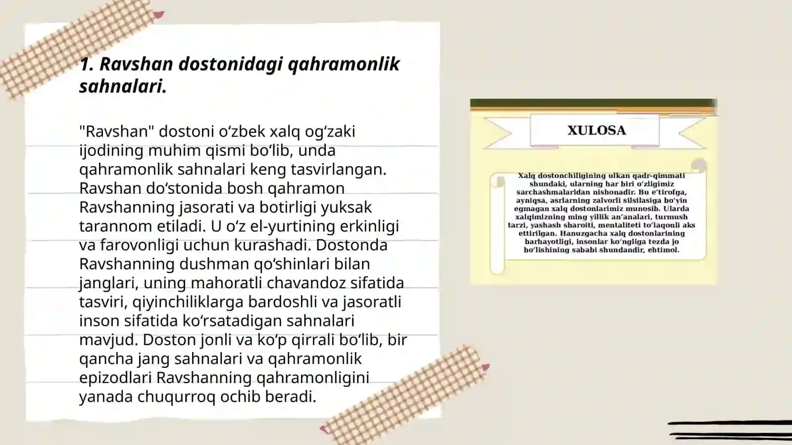 Ravshan dostonidagi qahramonlik sahnalarini tahlil qiling 3