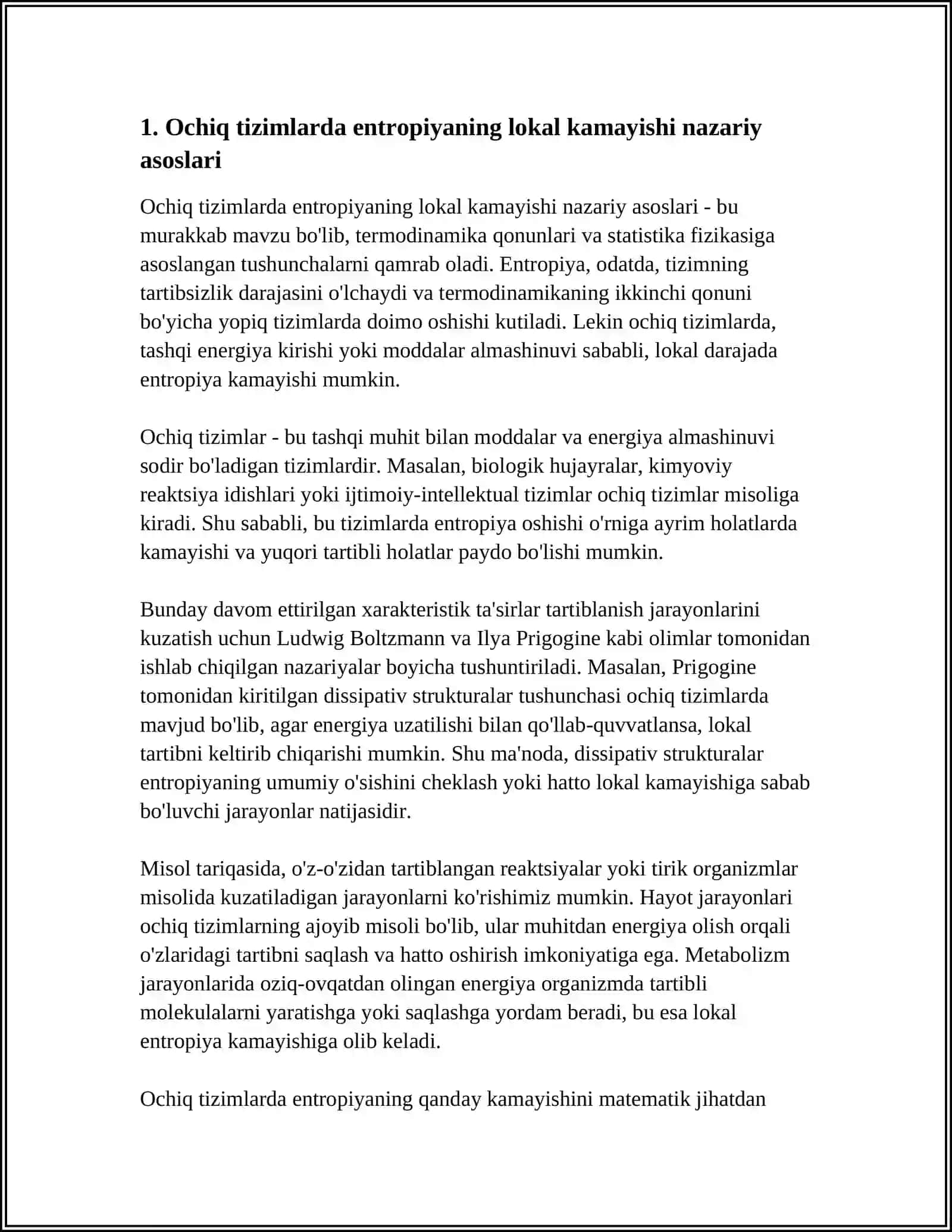 Ochiq tizimlarda entropiyaning lokal kamayishi dissipativ strukturalar 3
