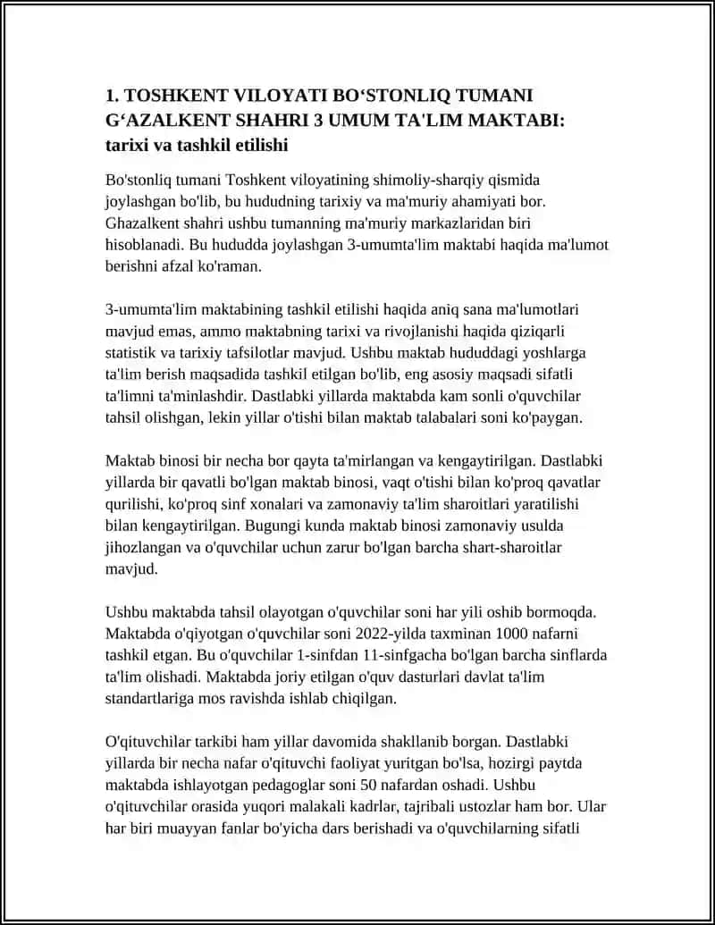 TOSHKENT VILOYATI BOʻSTONLIQ TUMANI GʻAZALKENT SHAHRI 3 UMUM TA'LIM MAKTABI 3