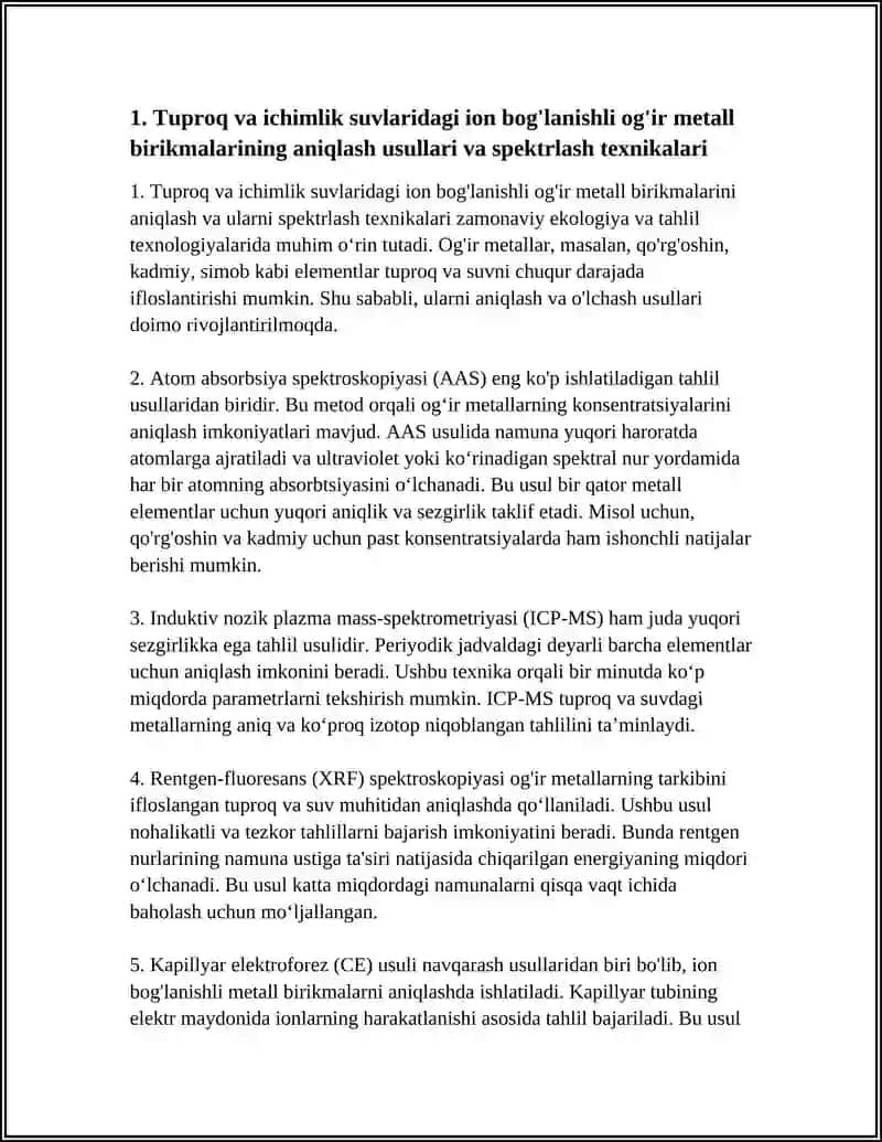 TUPROQ VA SUVNING IFLOSLANISHIDA ION BOG'LANISHLI BIRIKMALARNI ANIQLAB, ULARDAN TOZALASH USULLARINI ISHLAB CHIQARISH 3