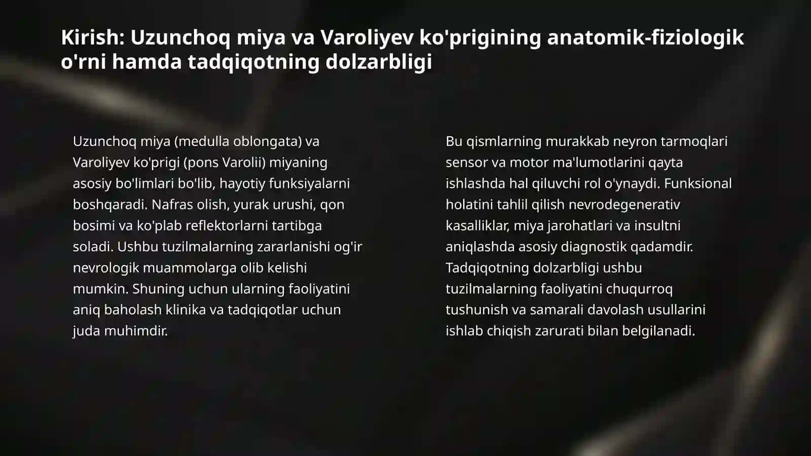 Orqa miyanng reflector va o`tkazuvchi faoliyatini tekshirish usullari. Uzunchoq miya va varoliyev ko`prigi. 3