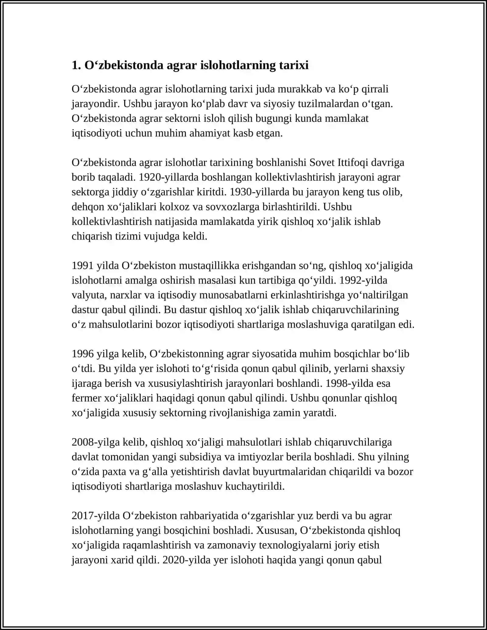 MUSTAQIL ISH Mavzu: OZBEKISTONDAGI AGRAR ISLOHOTLAR, YANGI AGRAR XOJALIKLARNING VUJUDGA KELISHI VA ULARNING AFZALLIKLARI 3