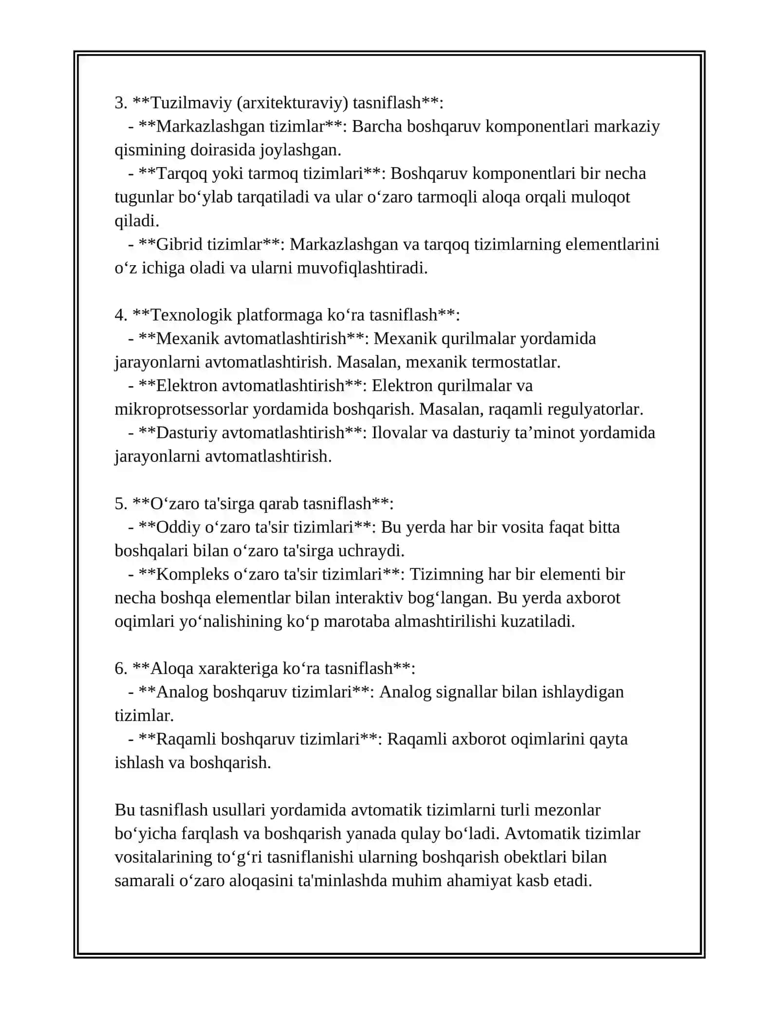 AVTOMATIK SISTEMALARI VOSITALARINI VA XISOBLASH TEXNIKASI SINFLANISHI VA ULARNING BOSHQARISH OBEKTLARI BILAN OʼZARO TASIRI 3
