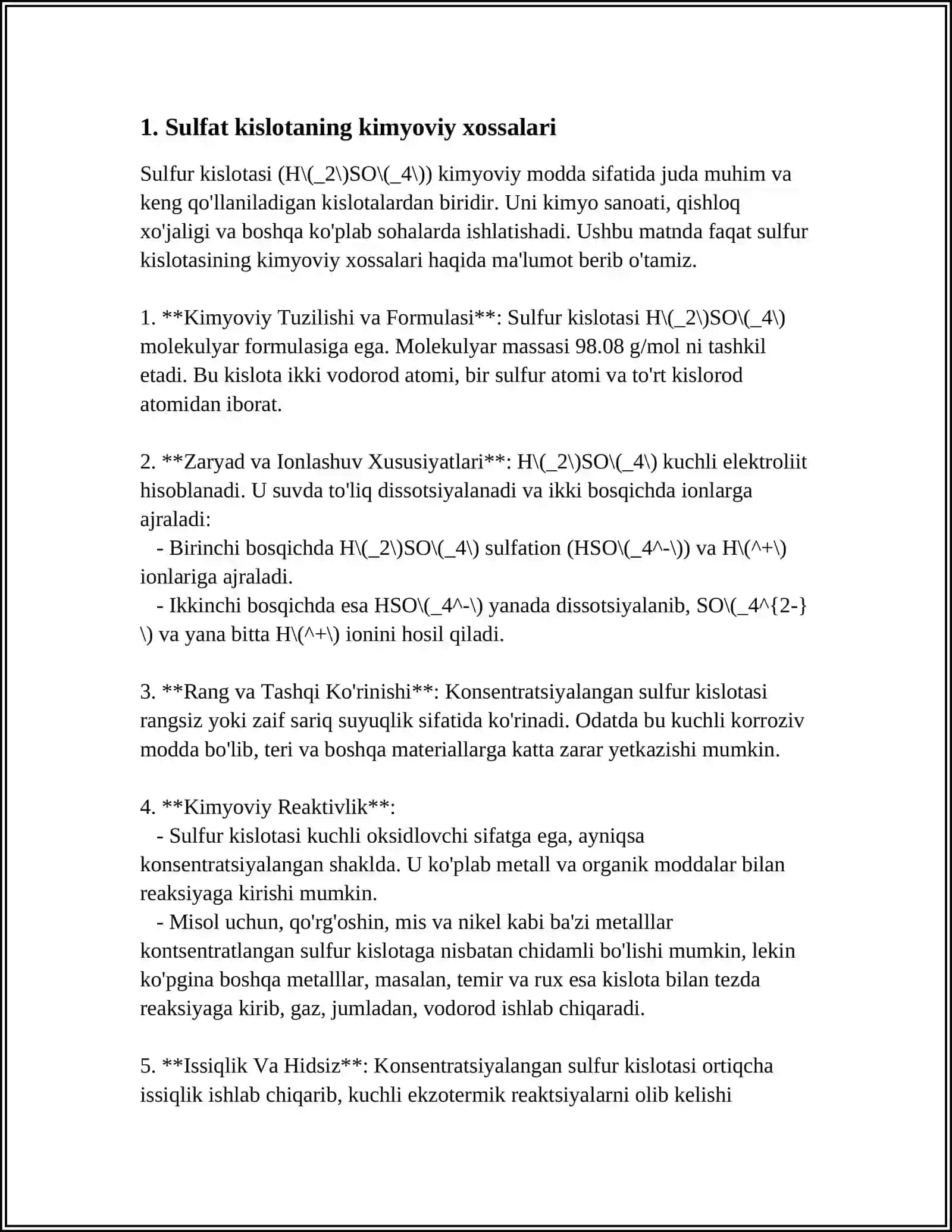 Sulfat Kislotasi Kimyoviy Xossalari 3