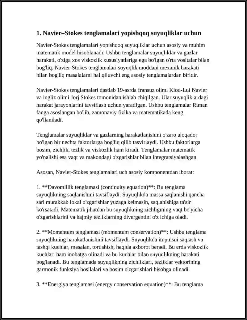 Navier–Stokes tenglamalari yopishqoq suyuqliklar uchun 3