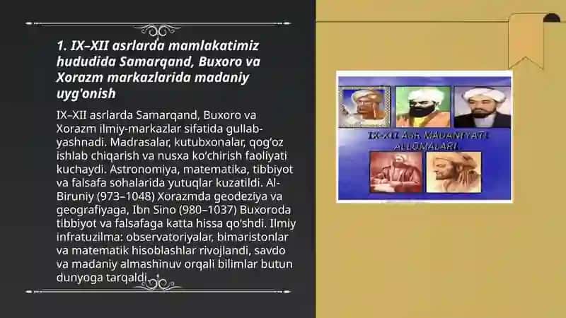 IX-XII asrlarda mamlakatimiz hududida roy bergan madaniy uygonish (Renessans) 3