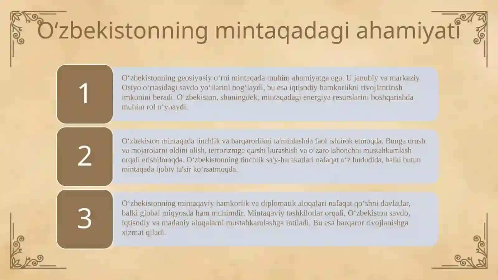 Oʻzbekistonning markaziy osiyo tinchlik va barqarorlikni taminlashdagi oʻrni 3