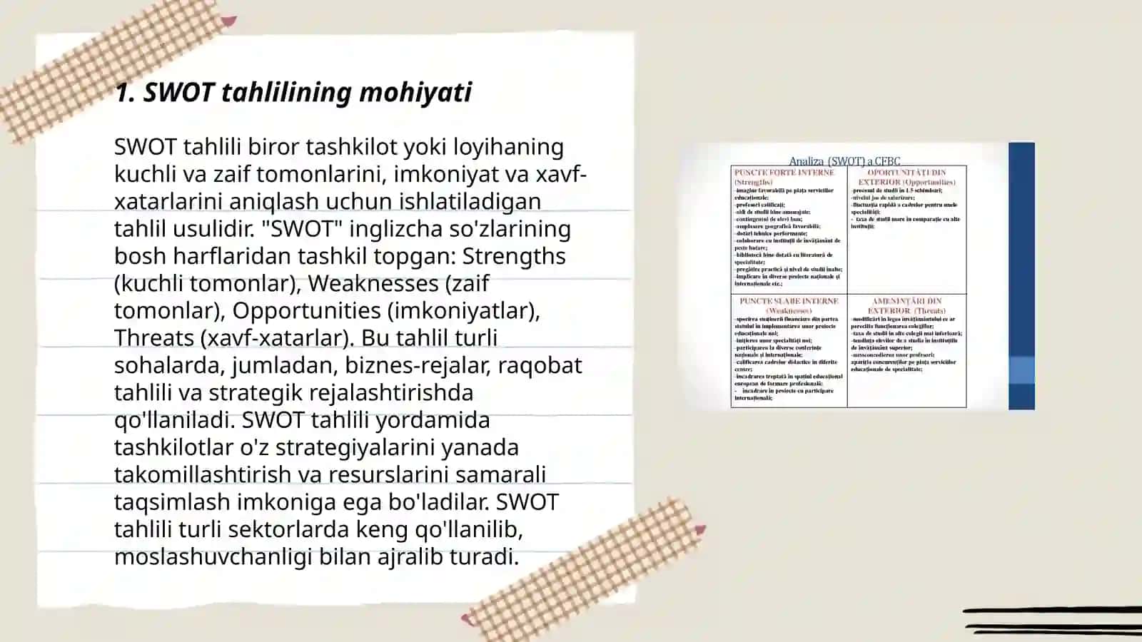 SWOT, PEST tahlili mohiyatini organiw 3