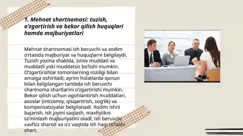 Mehnat shartnomasi: tuzish, o‘zgartirish va bekor qilish huquqlari hamda majburiyatlari 3