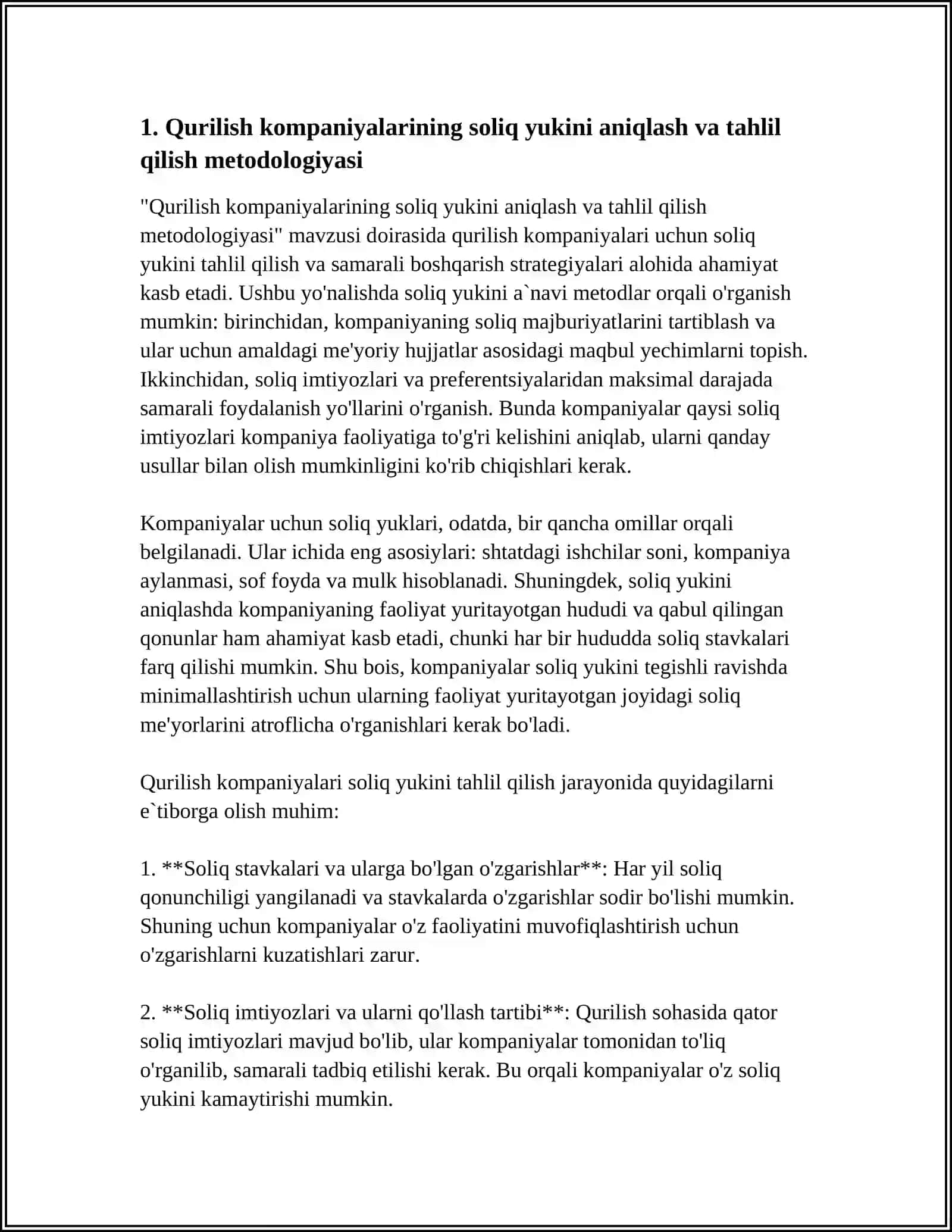 QURILISH KOPANIYALARI SOLIQ YUKI VA SOLIQ IMTIYOZLARIDAN SAMARALIY FOYDALANISH STRATEGIYASI 3