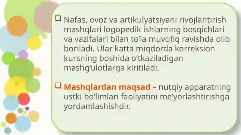 O’yinlar va mashqlar tavsifi. Tovushni mustahkamlash bosqichida artikulyatsiya, diktsiya, intonatsion ifodalilikni, mantiqiy urg’uni rivojlantirish. 3