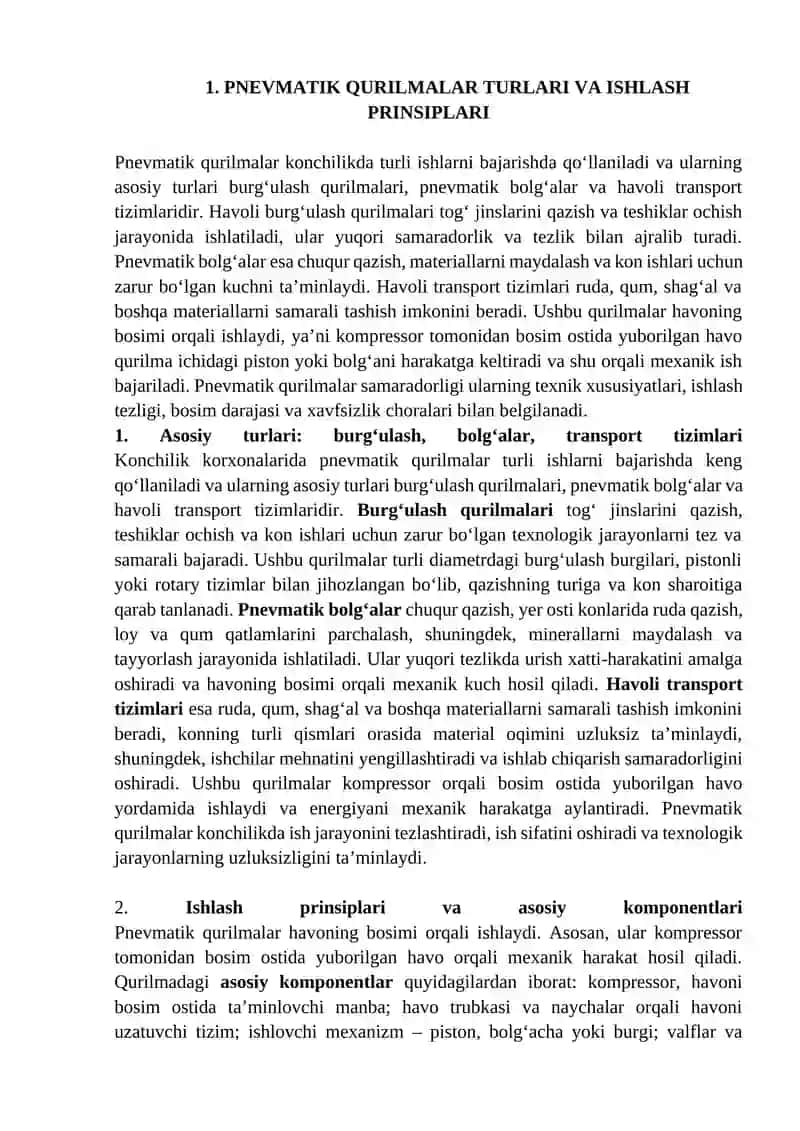 Konchilik korxonalari pnevmatik qurilmalari va ularning ishini tashkil qilish 3