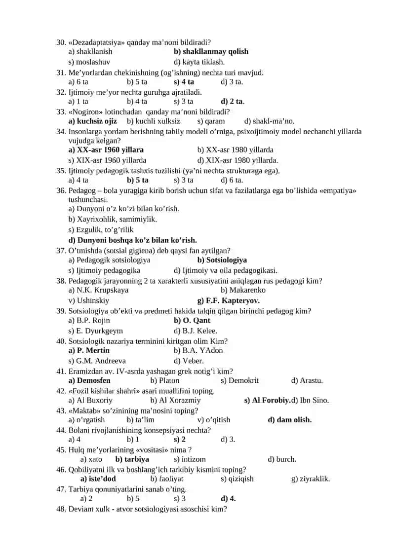 “Bolalarning ijtimoiy moslashuvi” fanidan test oraliq nazorat ishi 3