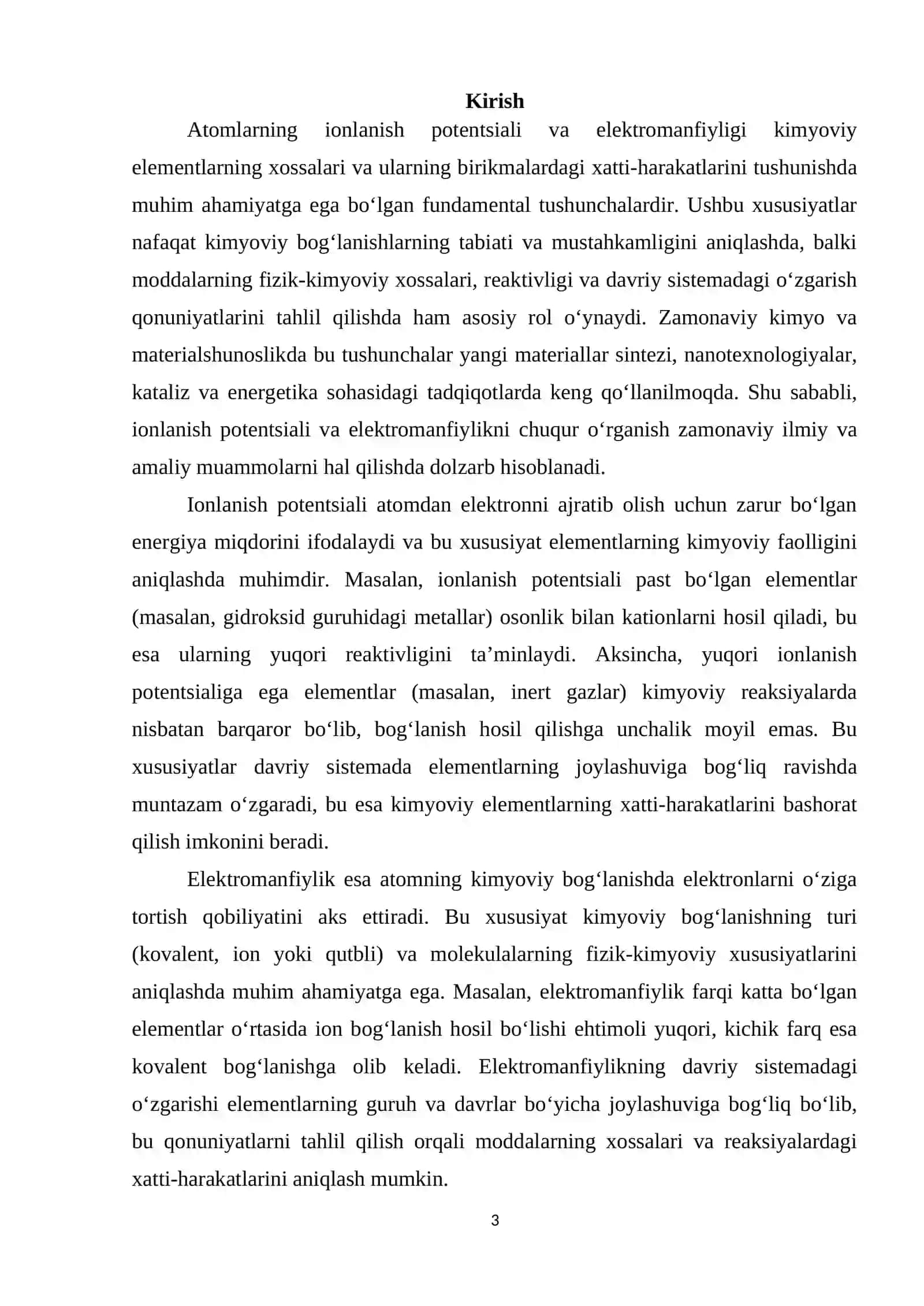 « Atomlarning ionlanish potentsiali, haqiqiy va nisbiy elektromanfiyliklari.» 3