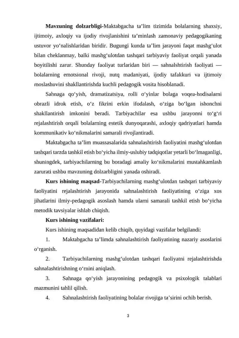 Tarbiyachilarning mashgʻulotdan tashqari tarbiyaviy faoliyatini rejalashtirishda sahnalashtirish faoliyatining o’ziga xosligi.docx 3