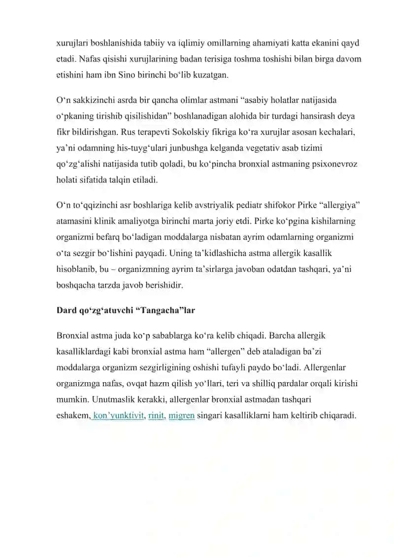 BOLLARDA BRONXIAL ASTMA UPKA SHISHI LORINGASPAZIN KASILLIKLARINI TASNIFI ZAMONAVIY TEKSHIRISH VA DAVOLASH PARVARISHLAR USULI TIZ TIBBIY YORDAM KURASATISH 3