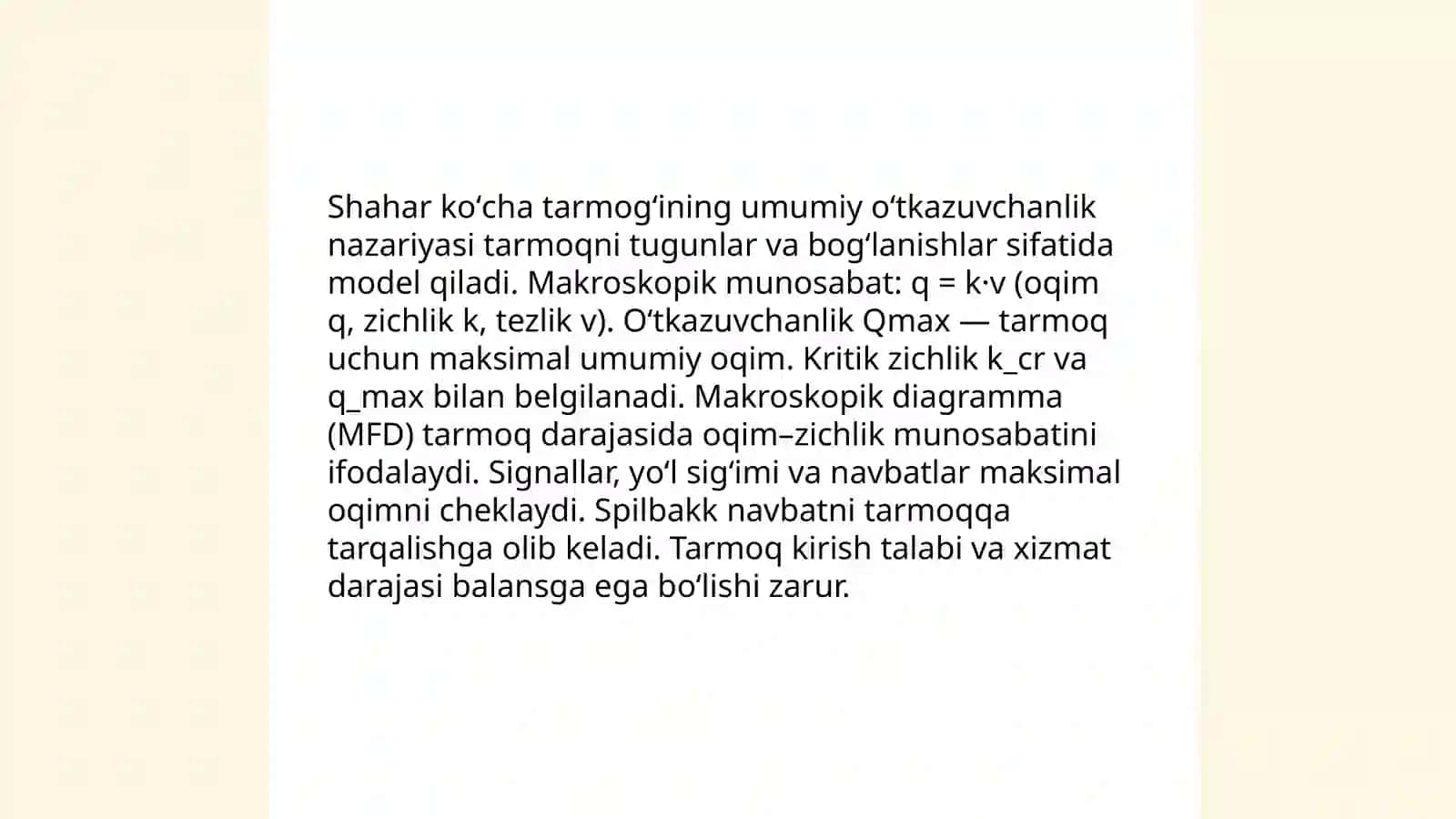 Shahar koʻcha tarmogʻini oʻtkazuvchanlik qobiliyati 3