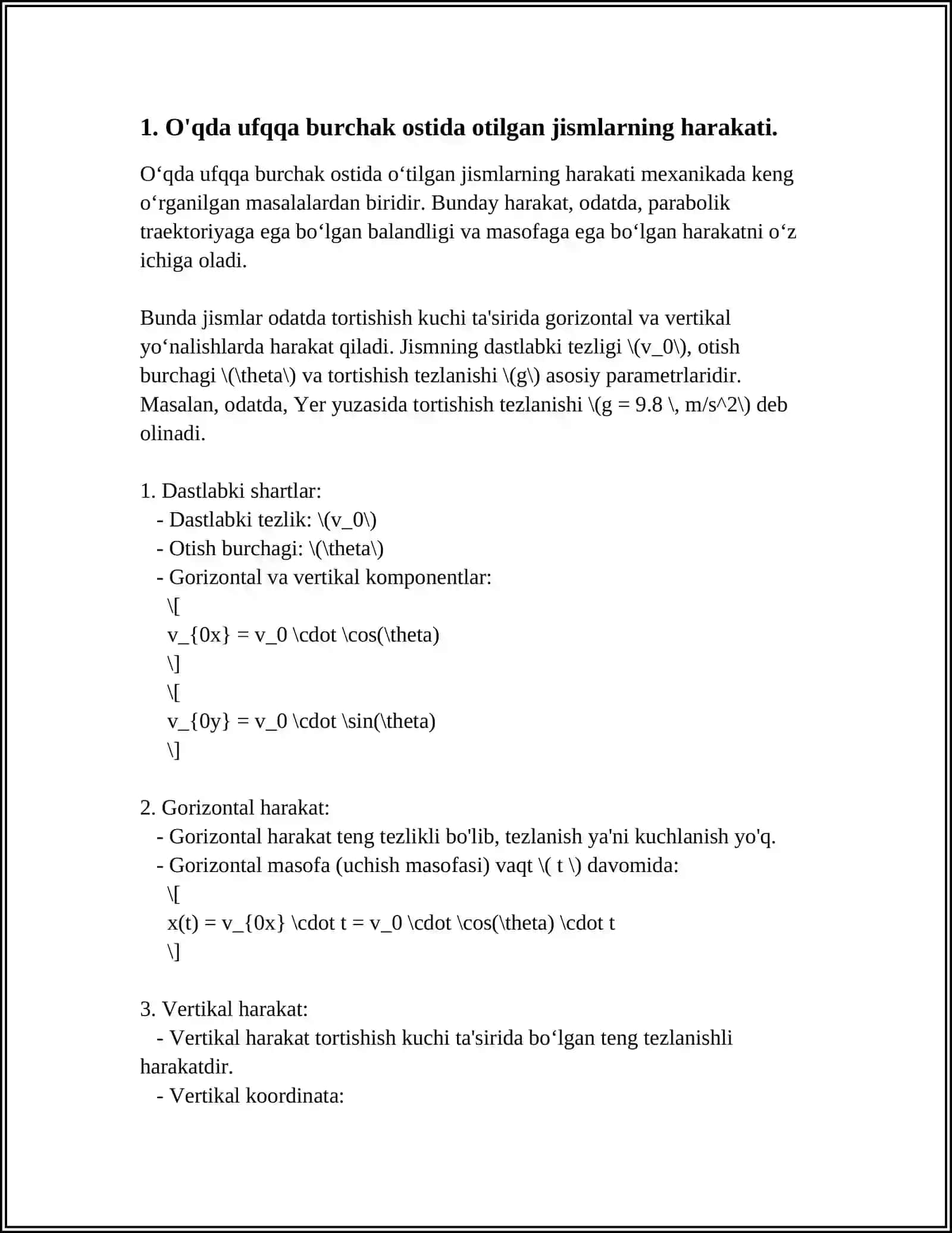 OYDA UFQQA BURCHAK OSTIDA OTILGAN JISM PARVOZINING MATEMATIK MODELINI YARATISH VA XUDDI SHUNDAY BOSHLANG'ICH SHAROITDA YERDAGI JARAYON NATIJALARI BILAN TAQQOSLASH 3