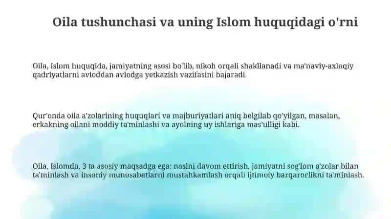 Islom huquqshunosligida oila nikoh taloq idda zihor tushunchalarini tariflash 3