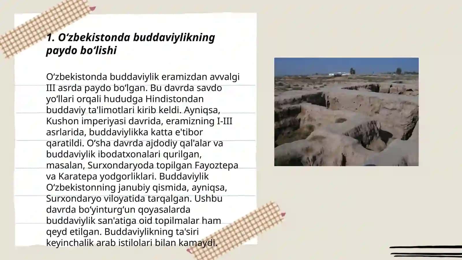 Oʻzbekistonda buddaviylik dinining tarixiy ildizlari (Qoratepa Fayoztepa va Dalvarzintepa)va hozirgi zamon 3