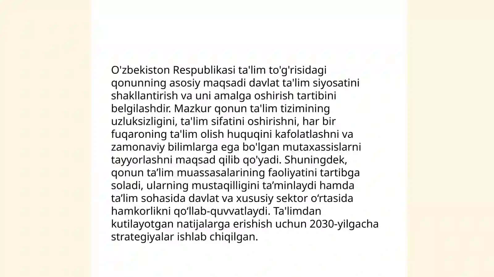 O'zbekiston Respublikasi ta'lim to'g'risidagi qonun mazmun mohiyati. Kasb ta'lim fanini pridmeti maqsadi va vazifalari 3