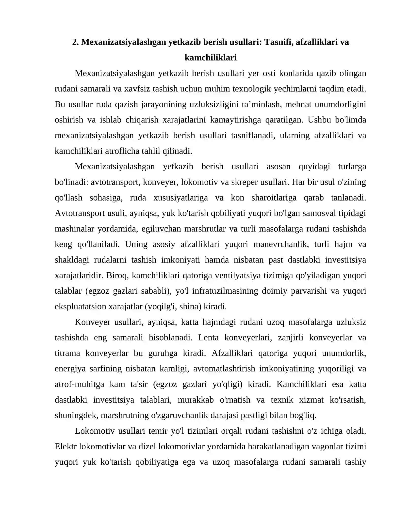Yer Ostida Rudani Mexanizatsiyalashgan Usulda Yetkazib Berish va Transbort Yordamida Tashish 3