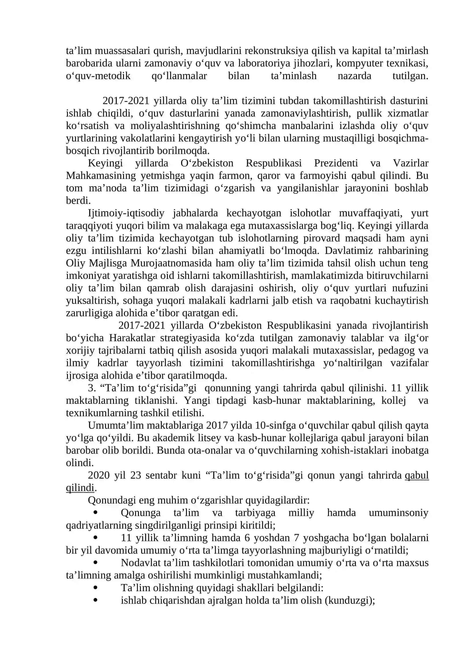 О‘ZBEKISTON RESPUBLIKASIDA TA’LIM SOHASIDA AMALGA OSHIRILGAN ISLOHOTLAR. MUSTAQILLIK YILLARIDA TA’LIM VA ILM-FANNING RIVOJLANISHI 3