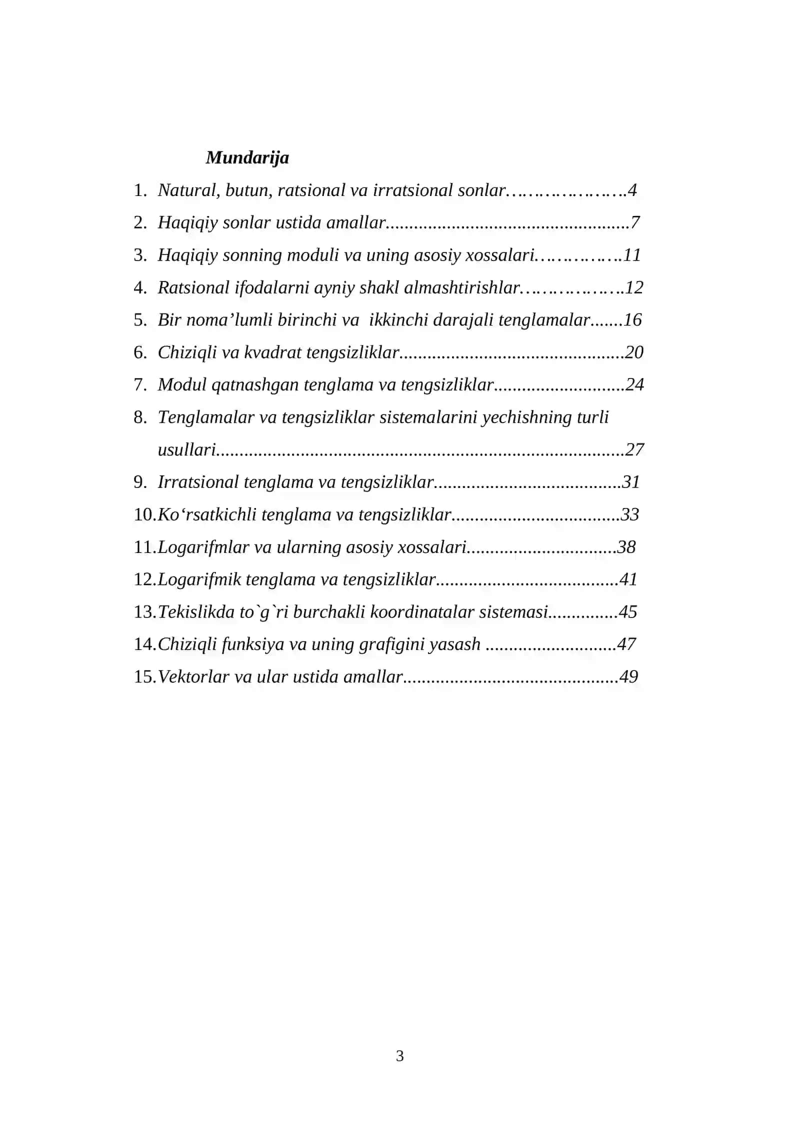 ELEMENTAR MATEMATIKANING ASOSIY TUSHUNCHALARI (1-kurs talabalari uchun uslubiy qoʻllanma) 3