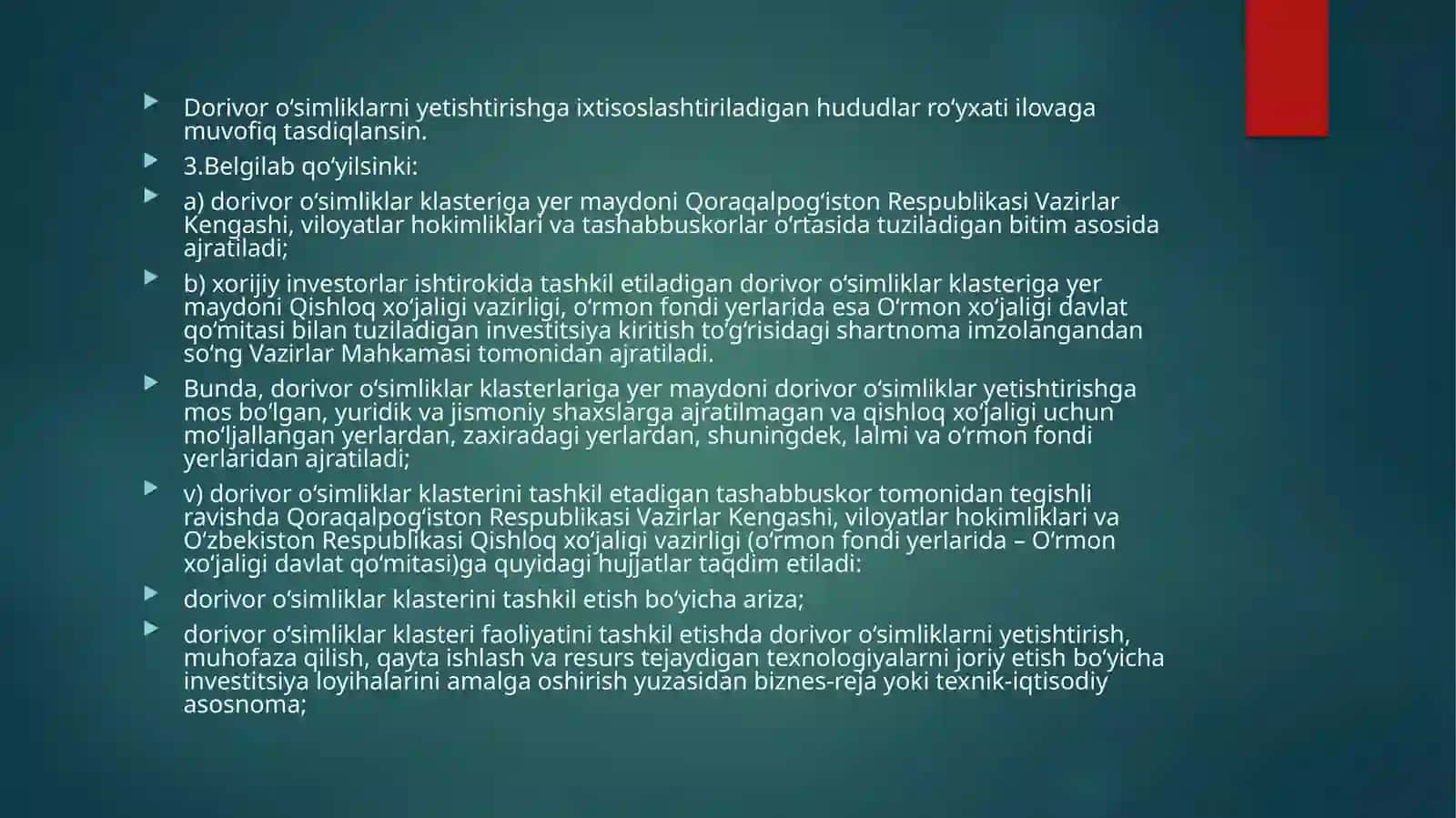 O‘zbekiston Respublikasining dorivor o‘simliklarini rivojlantirish soxasidagi davlat qarorlari 3