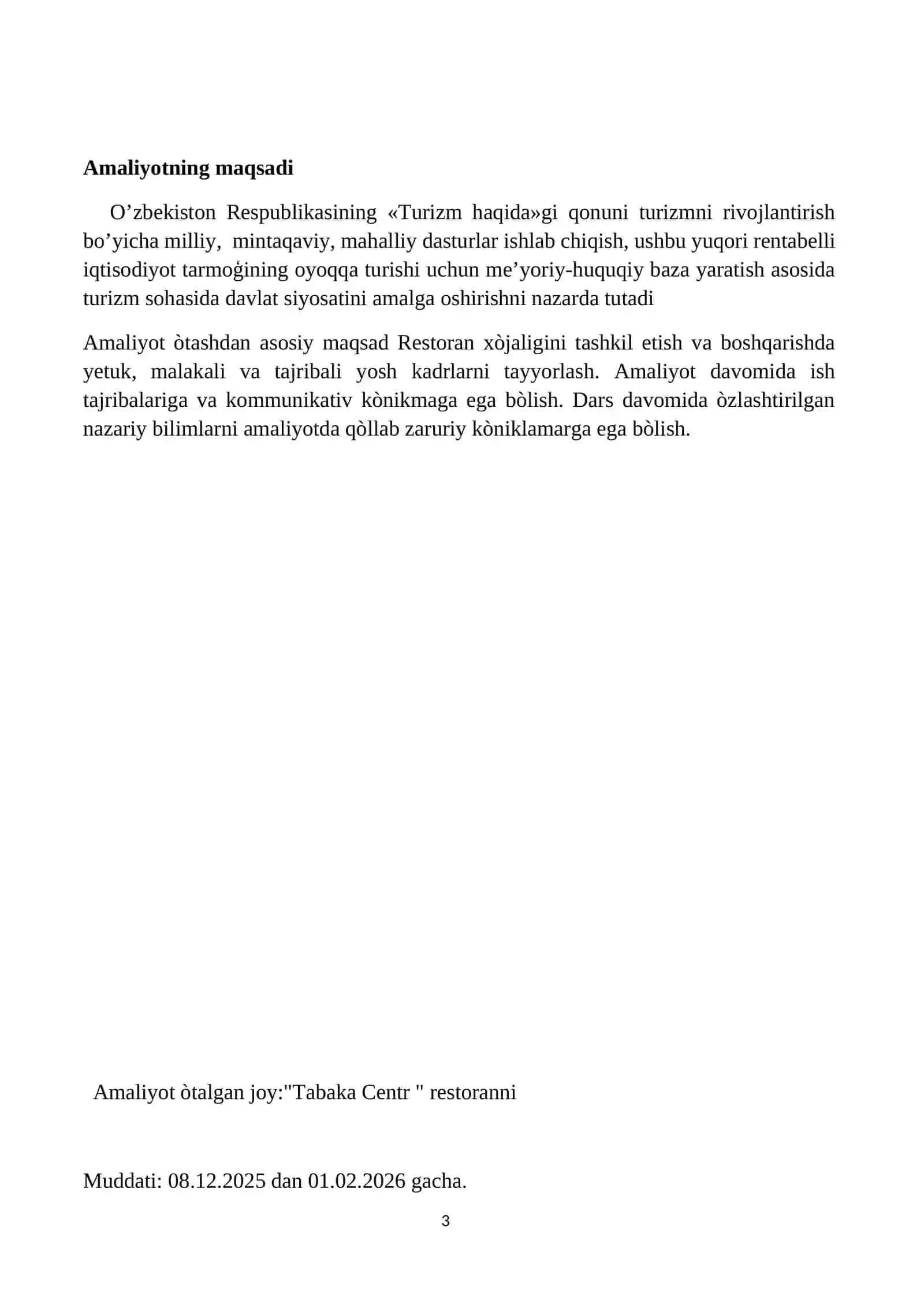 Tanishuv malaka amaliyoti bo’yicha HISOBOT 3