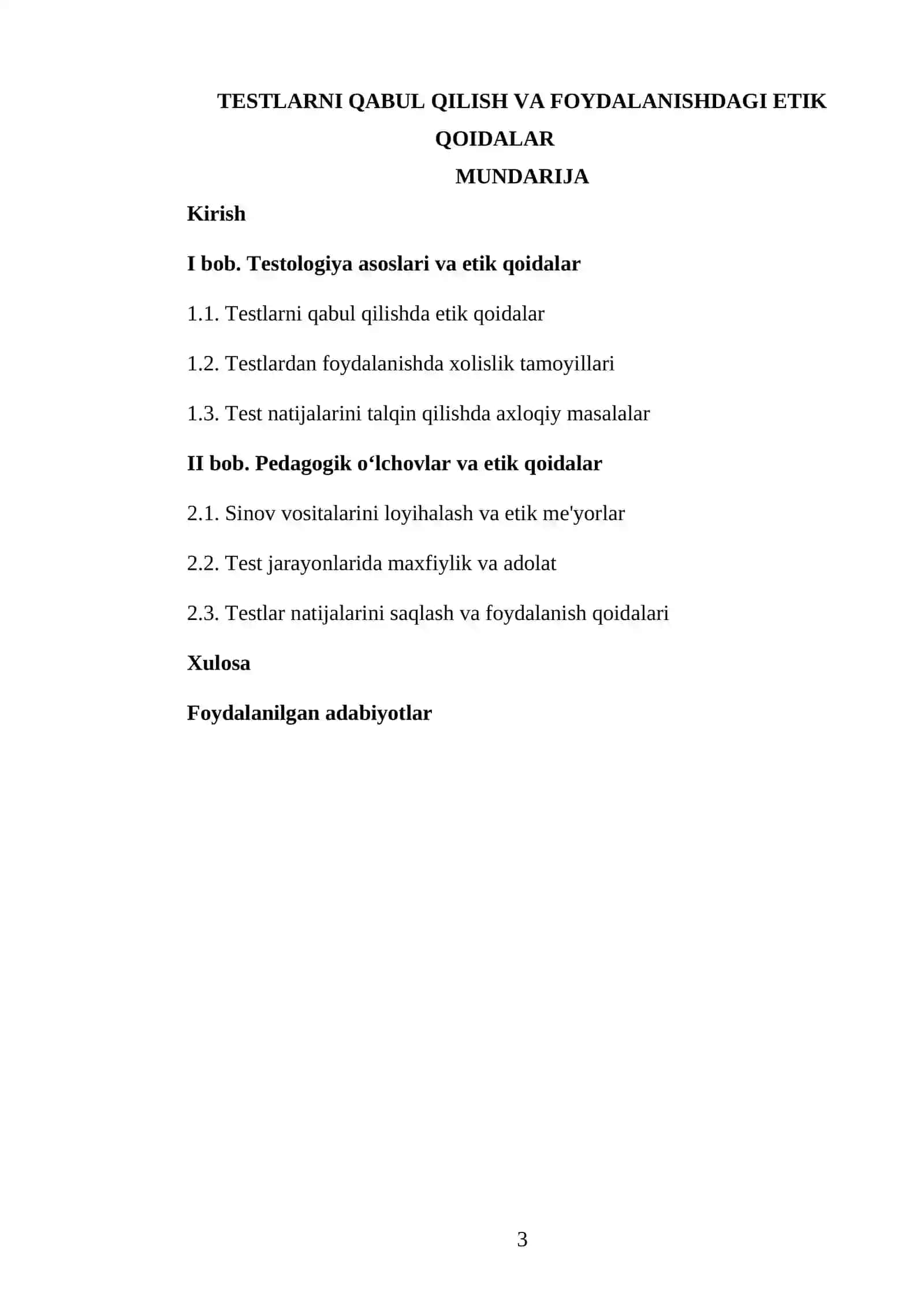 TESTOLOGIYA VA PEDAGOGIK OʻLCHOVLAR NAZARIYASI FANIDAN TAYYORLAGAN KURS ISHI 3