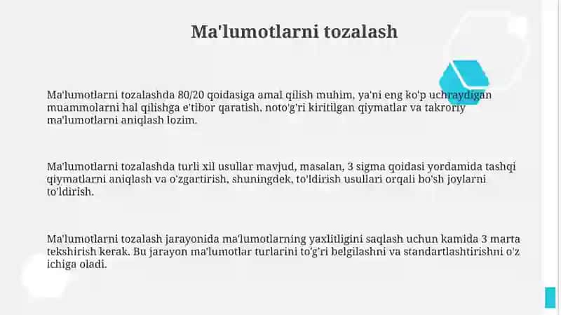 Maʼlumotlar tahlili bosqichlari tozalash, qayta ishlash, vizualizataiya 3