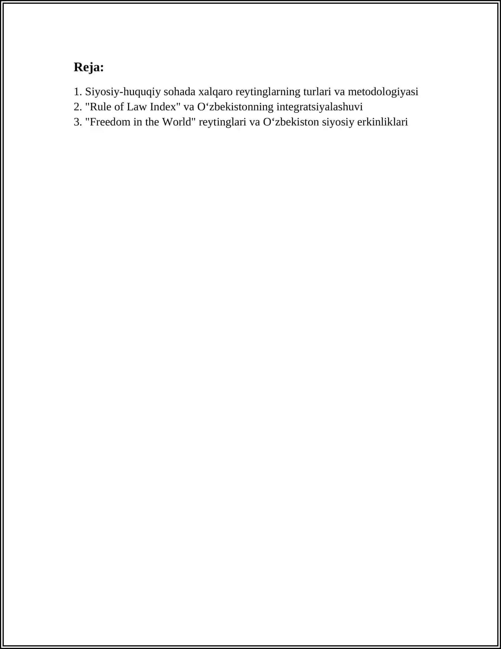 SIYOSIY HUQUQIY SOHADAGI USTUVOR XALQARO REYTINGLAR VA ULARGA OʻZBEKISTONNING INTEGRATSIYALASHUVI 3