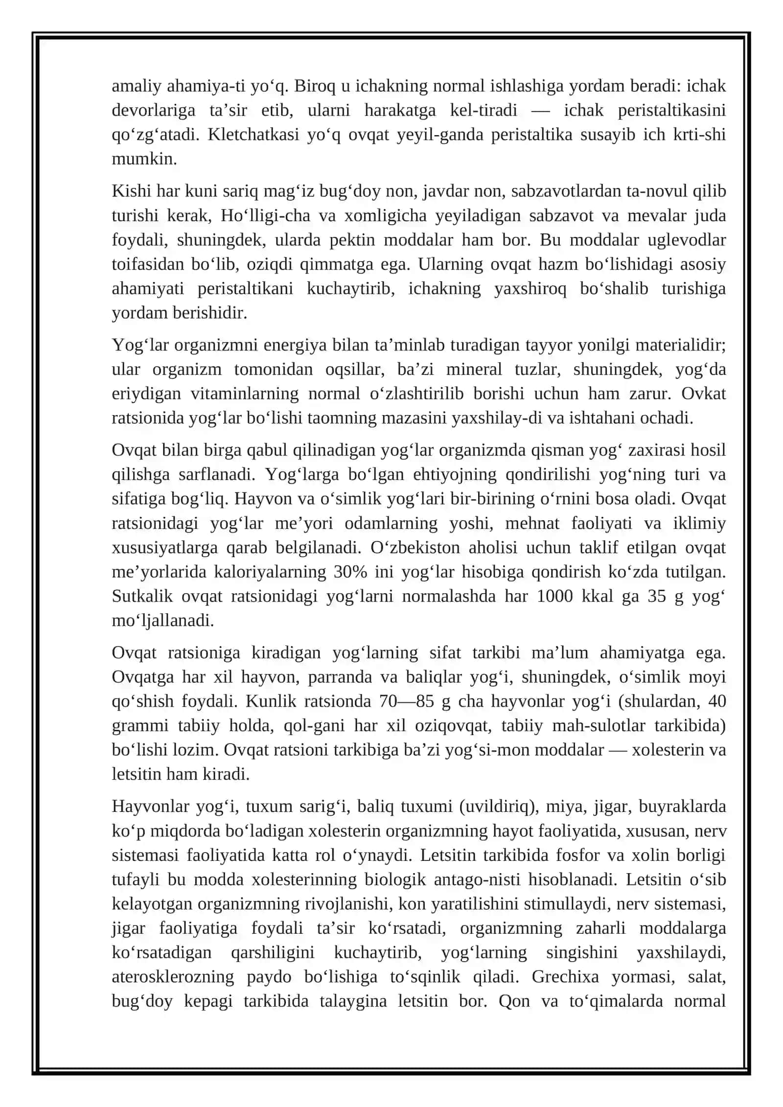 OVQAT VA UNING TARKIBI, OZIQ MODDALAR, OQSILLAR, UGLEVODLAR VA YOG`LAR 3